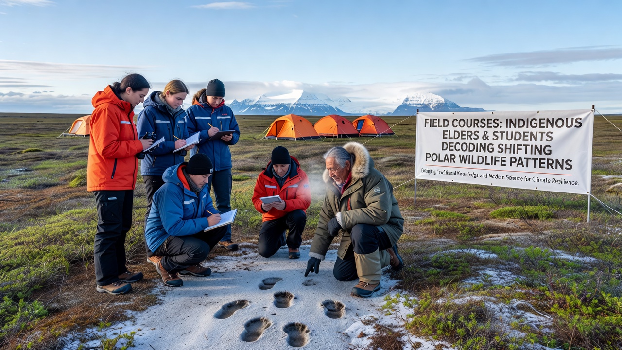Students and elders reviewing wildlife tracking data in a field camp