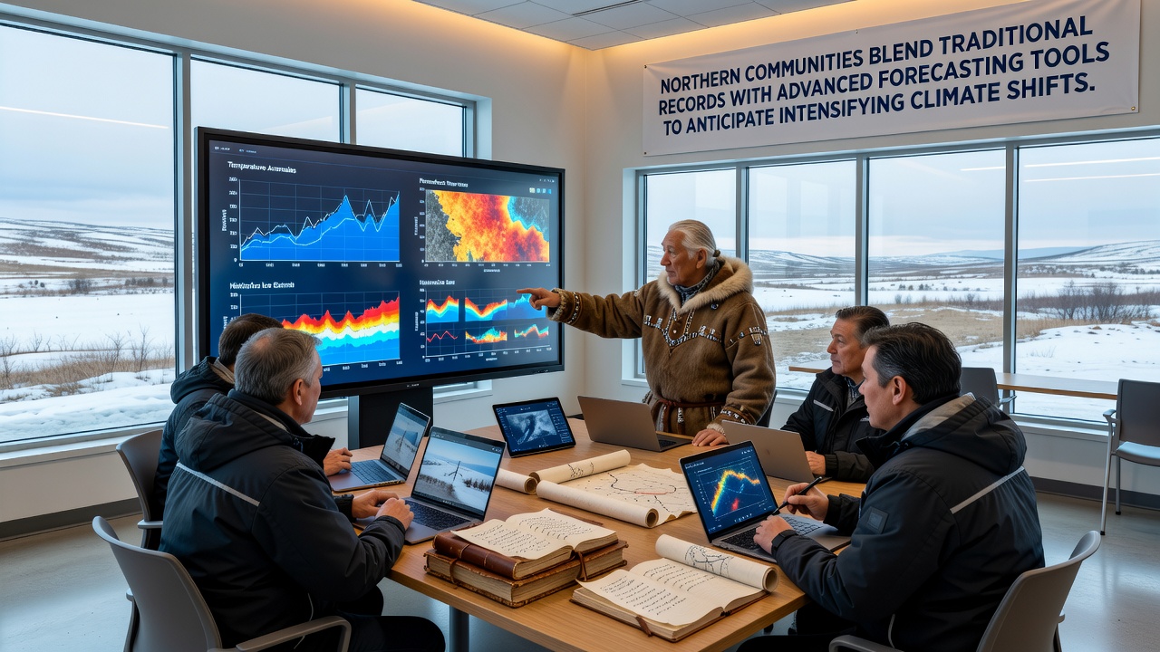 Researchers and community members analyzing blended datasets on screens showing both historical records and live satellite feeds